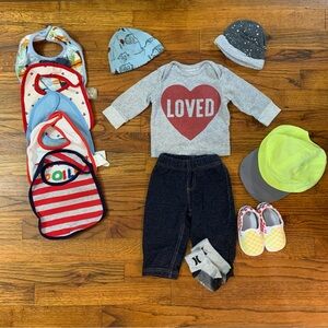 Baby Boy LS Shirt Pants Bibs Hats Socks & Shoes Bundle
LS Shirt
Blue Jean Pants